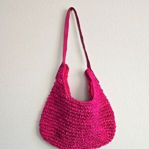 Large Pink Woven Hobo Shoulder Bag Resortwear Vacation Colorful
